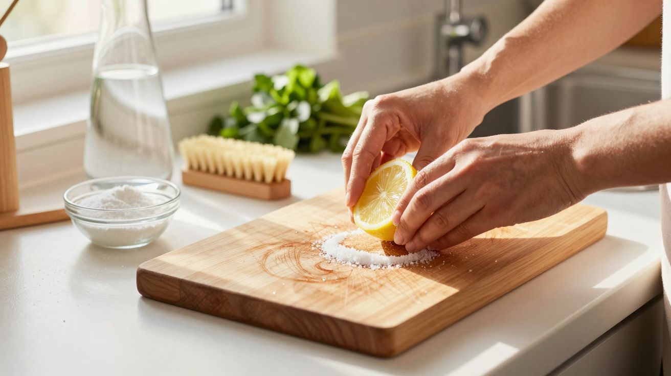Hände reiben Zitrone mit Salz auf Holzbrett, im Hintergrund Pflanzen und Schüssel.