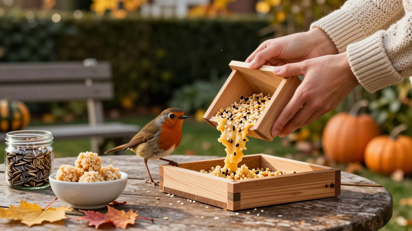 Eine Person füllt Futter in ein Vogelhäuschen, während ein Rotkehlchen beim Fressen beobachtet.