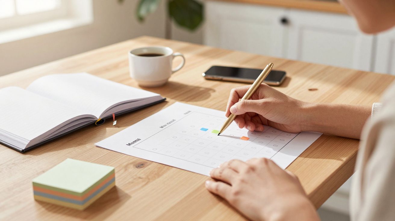 Person schreibt in einen Kalender auf einem Schreibtisch mit Buch, Smartphone und Kaffeetasse.