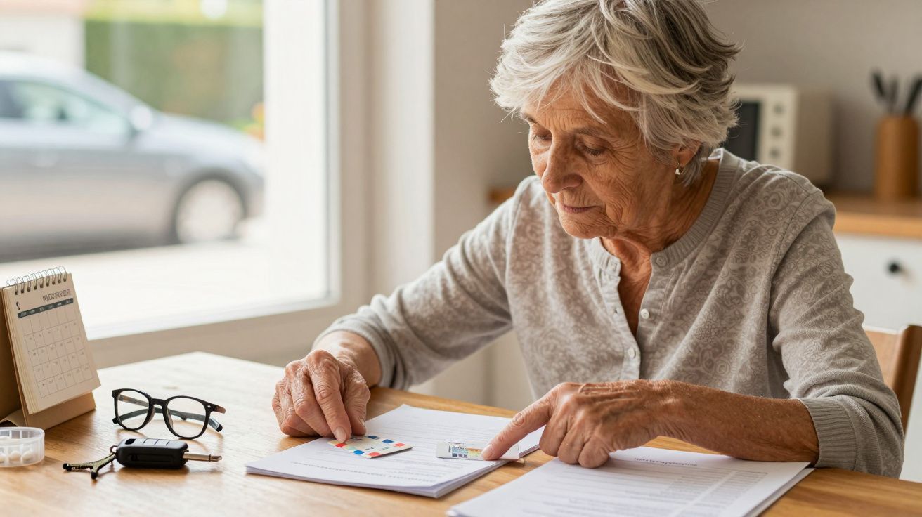 Ältere Frau mit grauem Haar liest Dokumente am Tisch, Fenster im Hintergrund, Brille und Autoschlüssel daneben.
