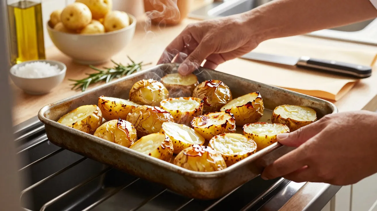 Ofenkartoffeln in einer Metallform, frisch aus dem Ofen, mit Dampf, auf einem Herd. Im Hintergrund Gewürze.