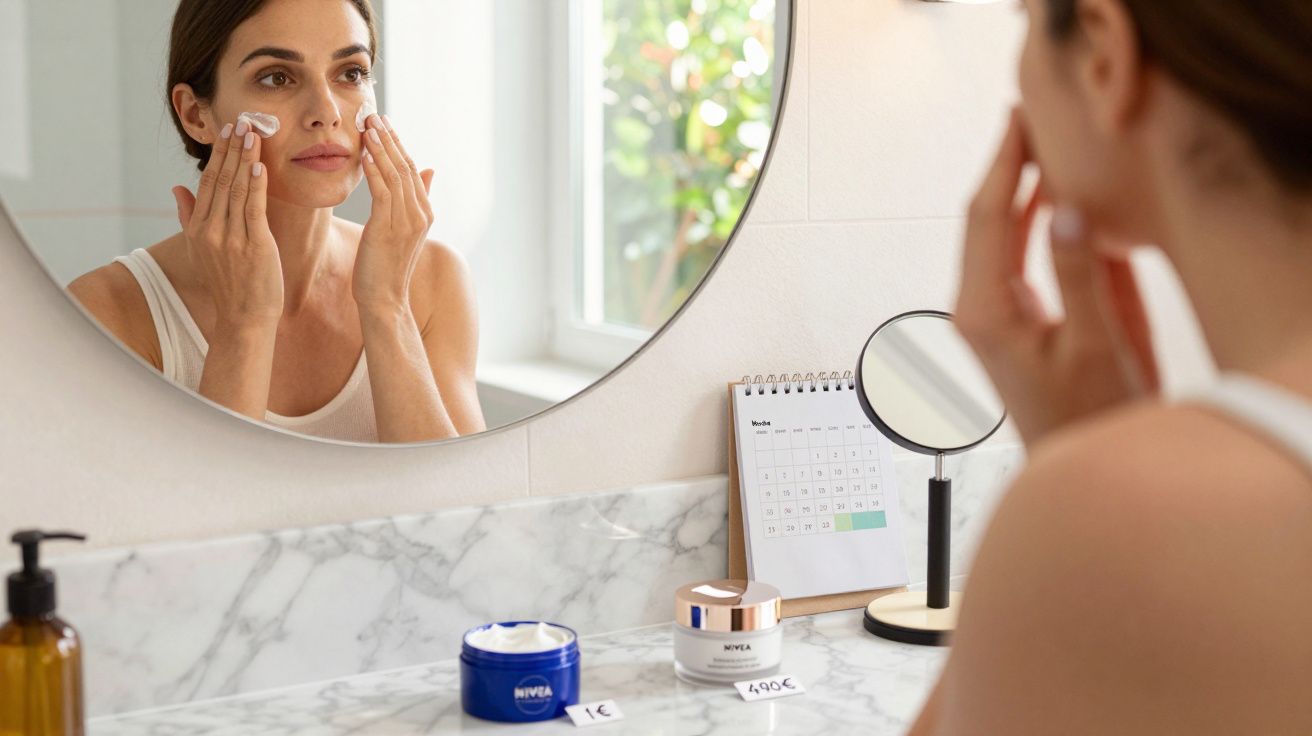 Frau trägt in einem Badezimmer vor einem Spiegel Gesichtscreme auf. Dosen von Nivea-Creme stehen auf dem Waschbecken.