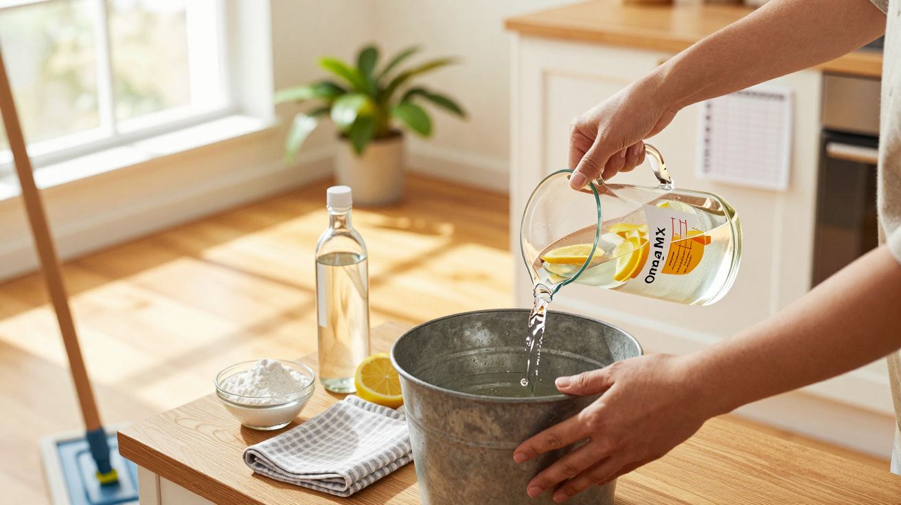 Person gießt Reinigungsmittel in Eimer. Auf dem Tisch stehen Zitrone, Flasche, Lappen und Schüssel in hellem Raum.
