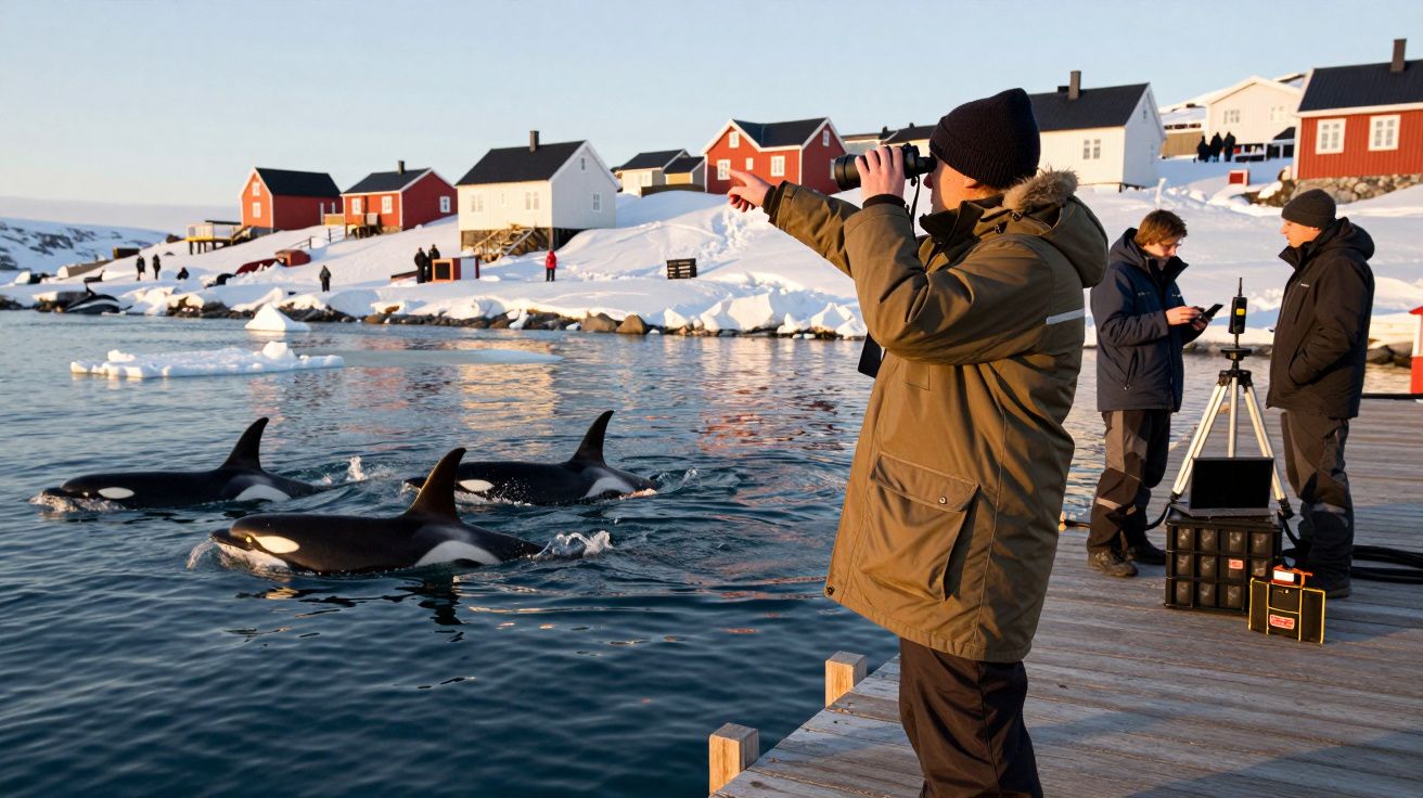 Menschen beobachten Orcas im Wasser vor schneebedeckten Häusern auf einer Holzplattform.
