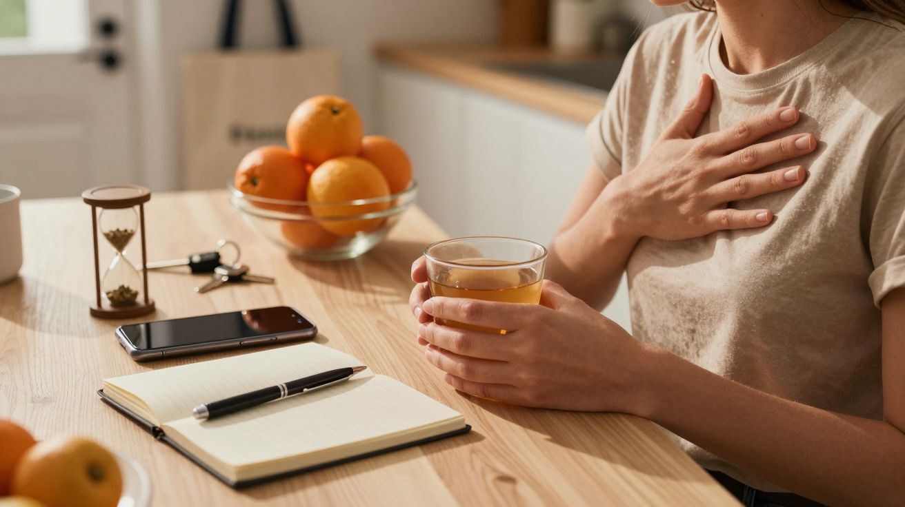 Person am Tisch mit Orangen, Notizbuch, Handy und Sanduhr, hält ein Glas Saft und berührt ihre Brust.