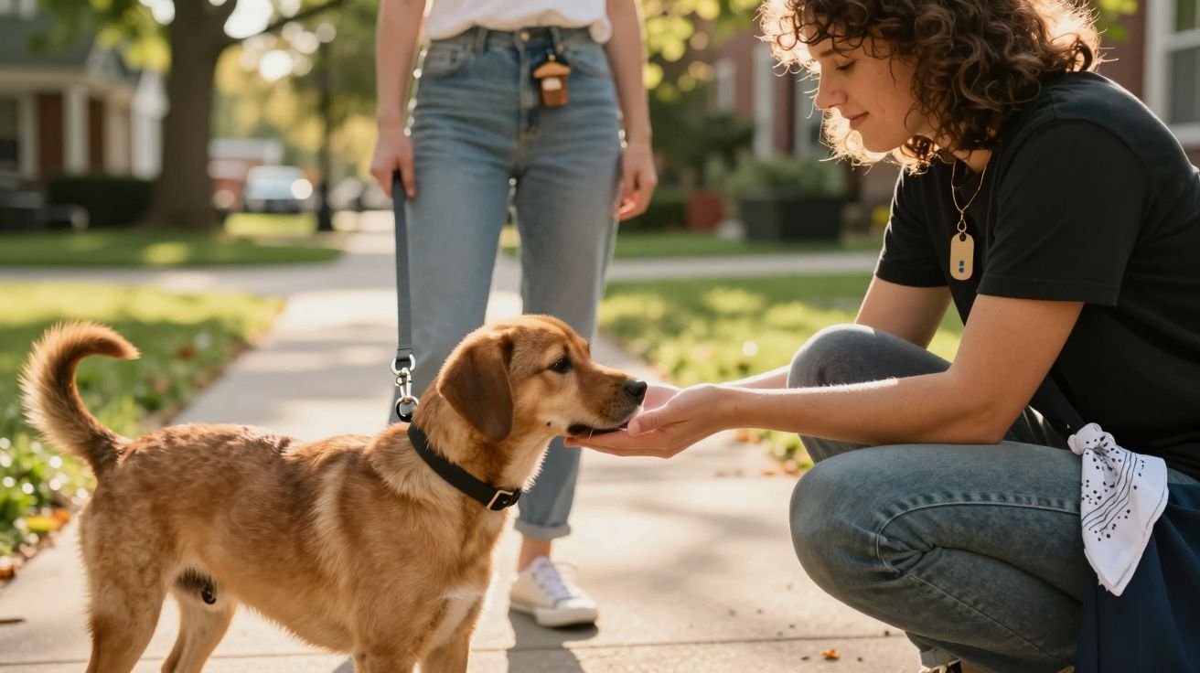 Eine Person hockt auf dem Bürgersteig und streichelt einen zutraulichen Hund, während eine andere Person zusieht.