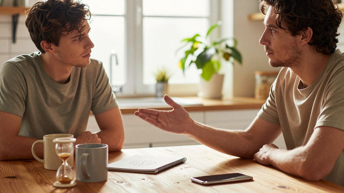 Zwei junge Männer sitzen an einem Holztisch und unterhalten sich. Im Hintergrund sind Pflanzen vor einem Fenster.