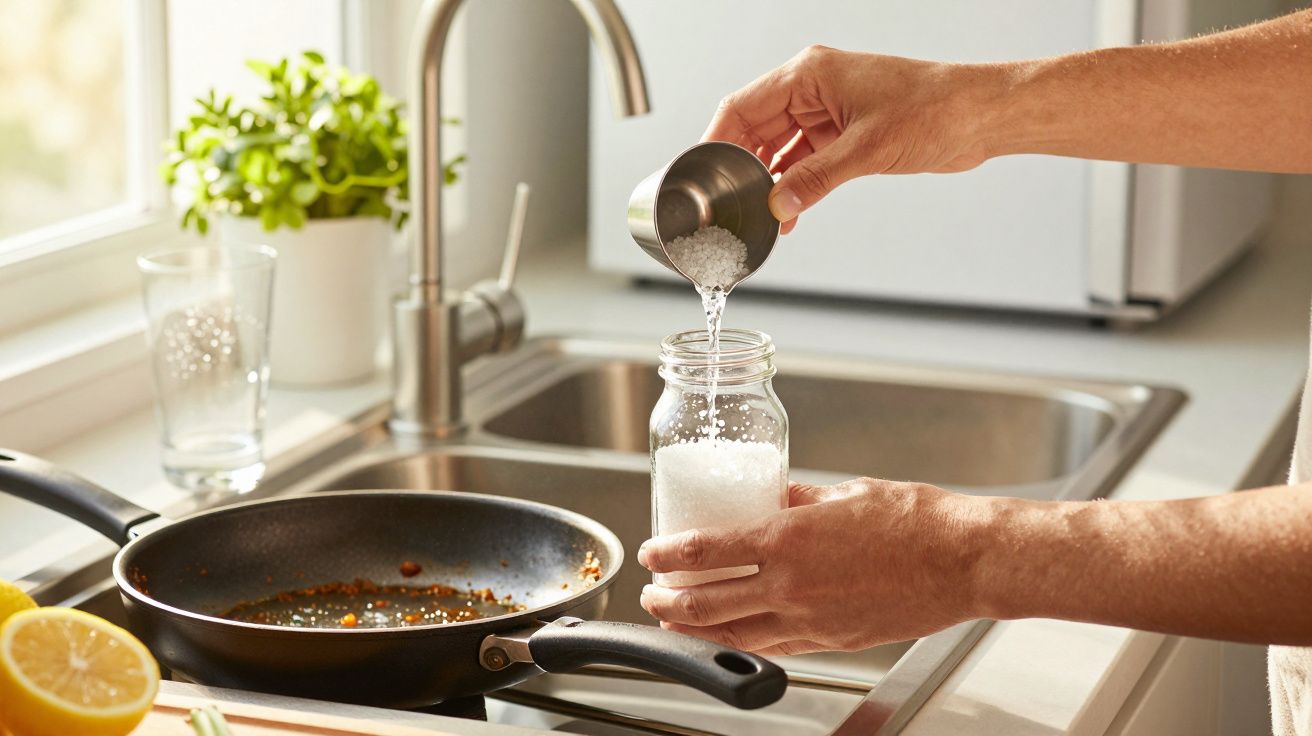 Person füllt Salz in ein Glas neben einer Pfanne auf einer Küchenspüle. Im Hintergrund steht ein Kräutertopf.