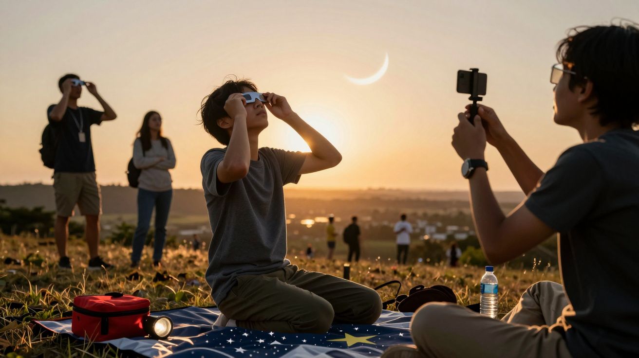 Menschen beobachten Sonnenuntergang auf einer Wiese, manche mit Brillen; ein Mann filmt mit Smartphone. Halbmond am Himmel.