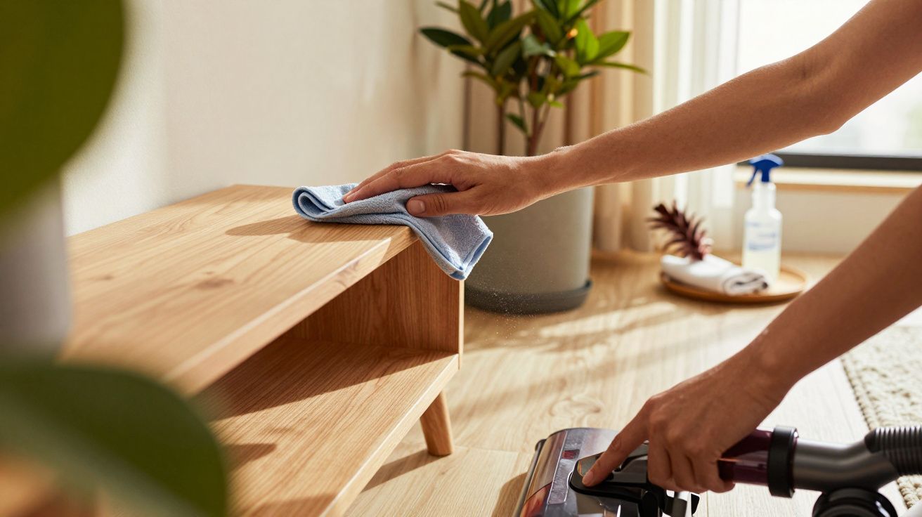 Hand wischt Regal mit Tuch ab, Staubsauger auf Holzboden, Pflanze und Reinigungsmittel im Hintergrund.