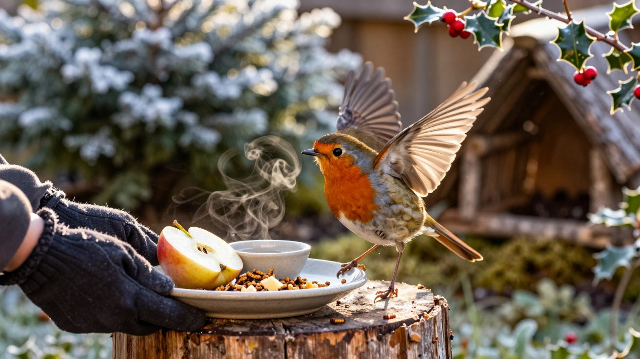 Ein Rotkehlchen landet auf einem Baumstumpf mit einem Teller voller Apfelstücke und Körner in einem winterlichen Garten.