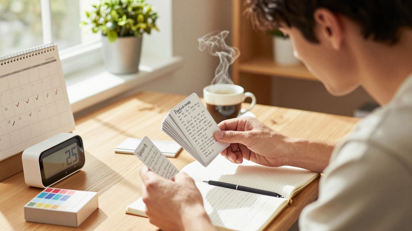 Mann am Schreibtisch blättert in Karteikarten, neben ihm ein Notizbuch, Kaffeetasse und Kalender mit Pflanzen.