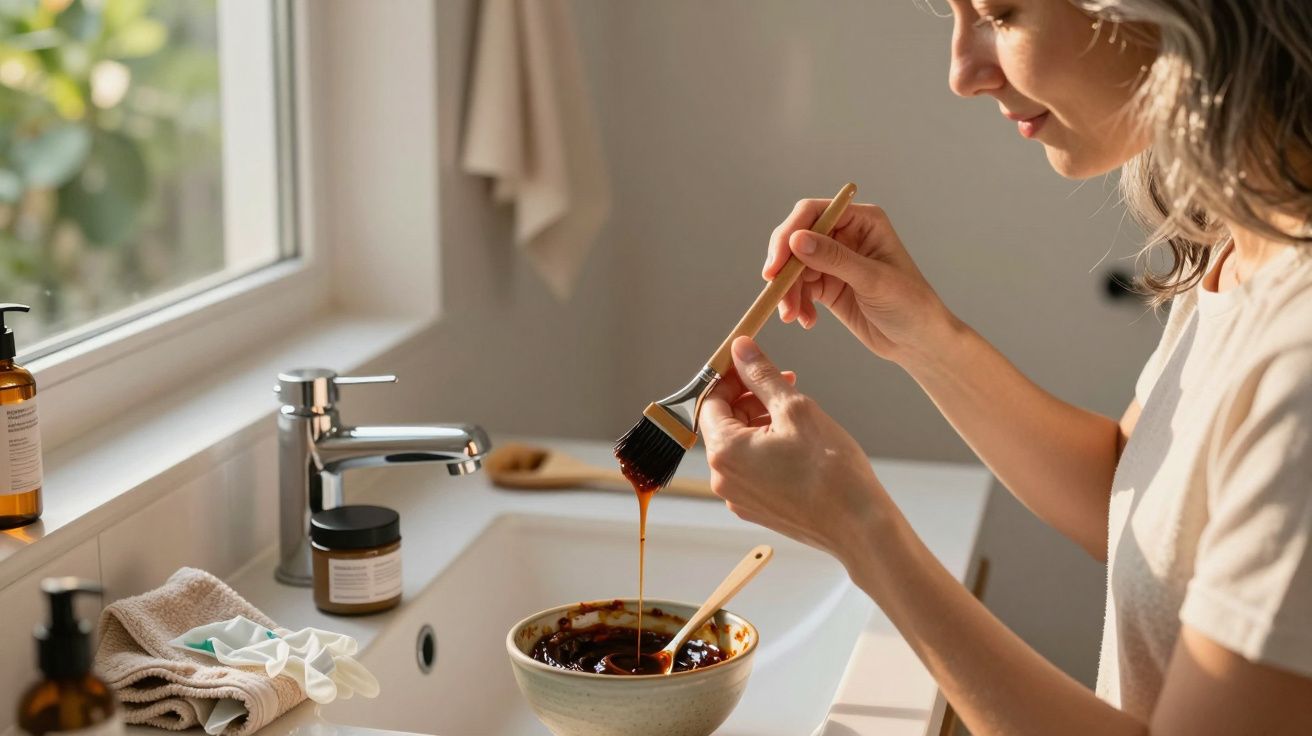 Frau mit Pinsel in der Hand, taucht in Schüssel mit brauner Flüssigkeit neben einem Waschbecken.