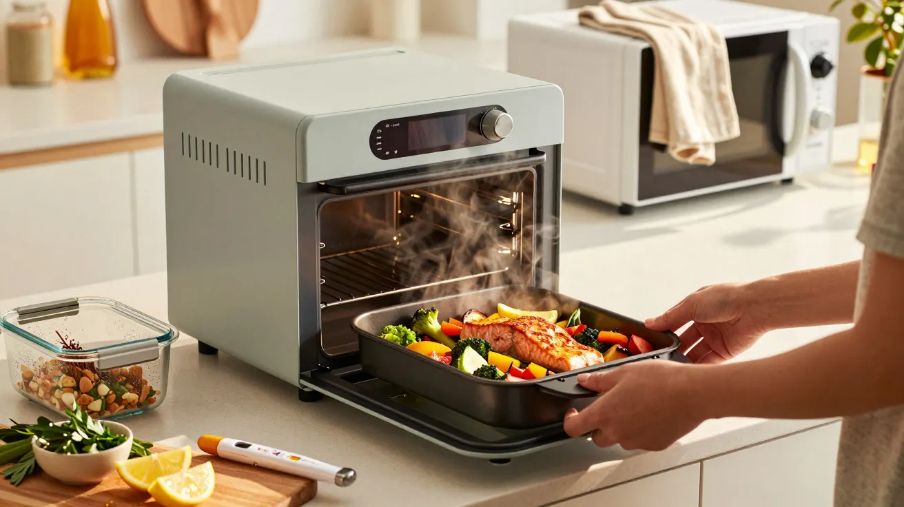 Person stellt dampfende Auflaufform mit Lachs und Gemüse in einen Mini-Ofen auf einer Küchenarbeitsplatte.