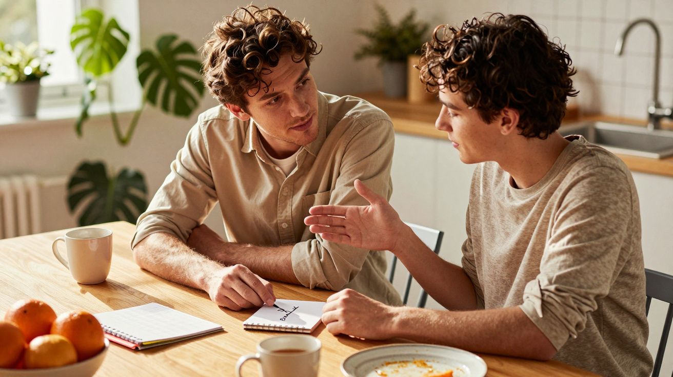 Zwei Männer sitzen am Tisch in einer Küche, diskutieren und notieren in ein Notizbuch.