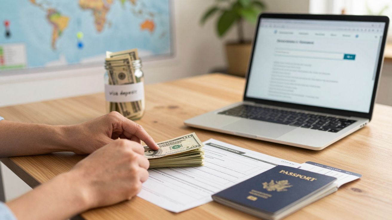 Person zählt Geldscheine am Schreibtisch mit Laptop, Reisepass und Visumantrag, im Hintergrund ein Glas mit "Visa deposit".