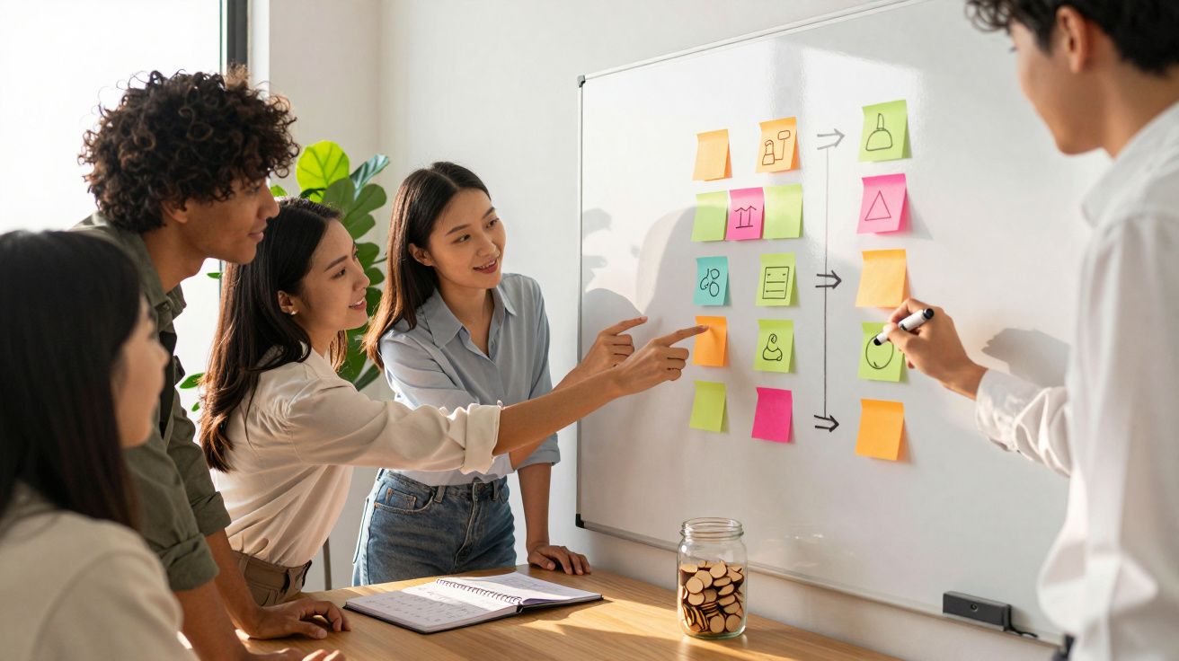 Menschen diskutieren vor einem Whiteboard mit bunten Haftnotizen, die einen Projektplan darstellen.