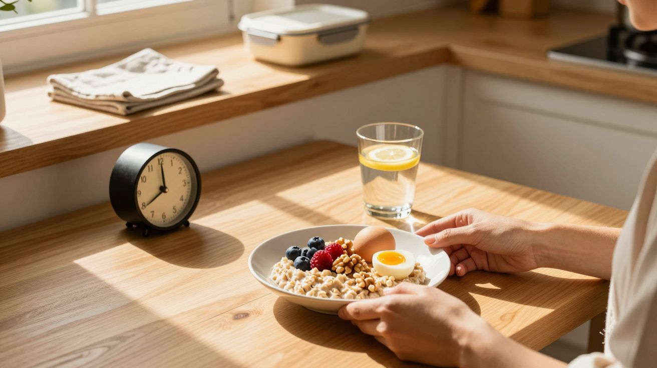 Person isst Frühstück mit Müsli, Beeren und gekochtem Ei an einem Tisch, Uhr und Wasser mit Zitrone im Hintergrund.