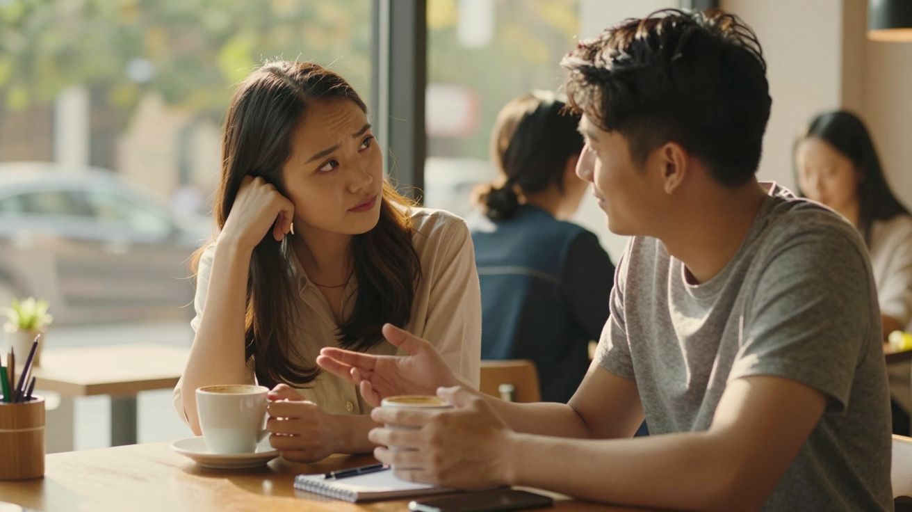 Ein Mann und eine Frau unterhalten sich bei Kaffee in einem Café. Sie wirken nachdenklich und konzentriert.