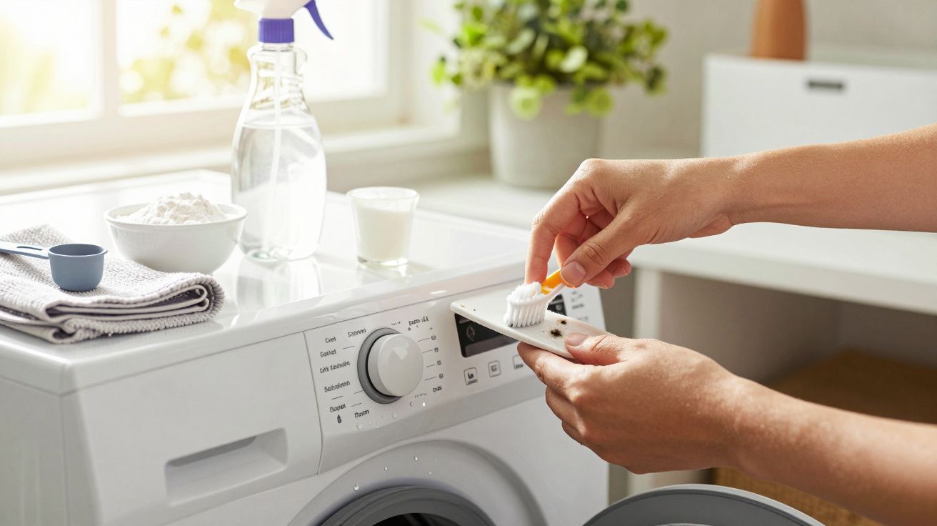 Eine Person reinigt mit einer Zahnbürste das Waschmittelfach einer weißen Waschmaschine in einer hellen Waschküche.
