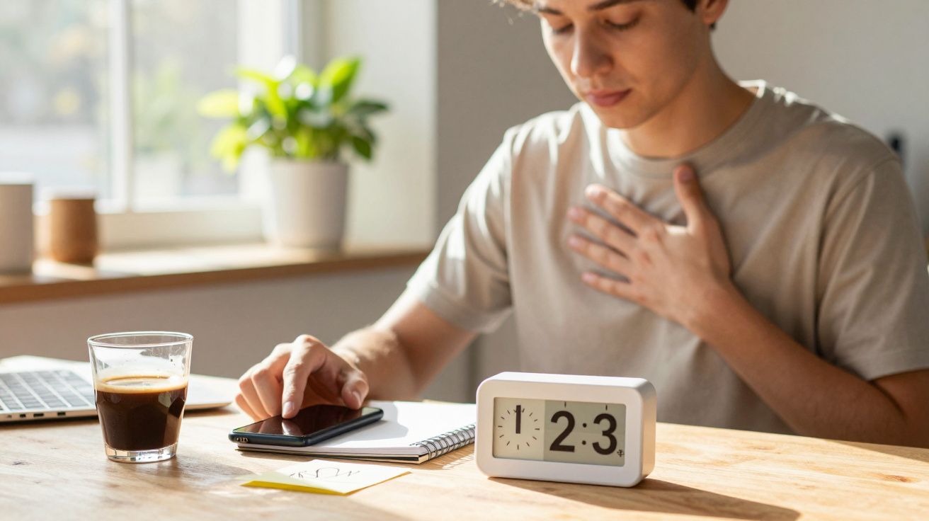 Junger Mensch am Tisch mit Wecker, Getränk, Notizblock und Laptop, Hand auf der Brust, Sonnenlicht von links.
