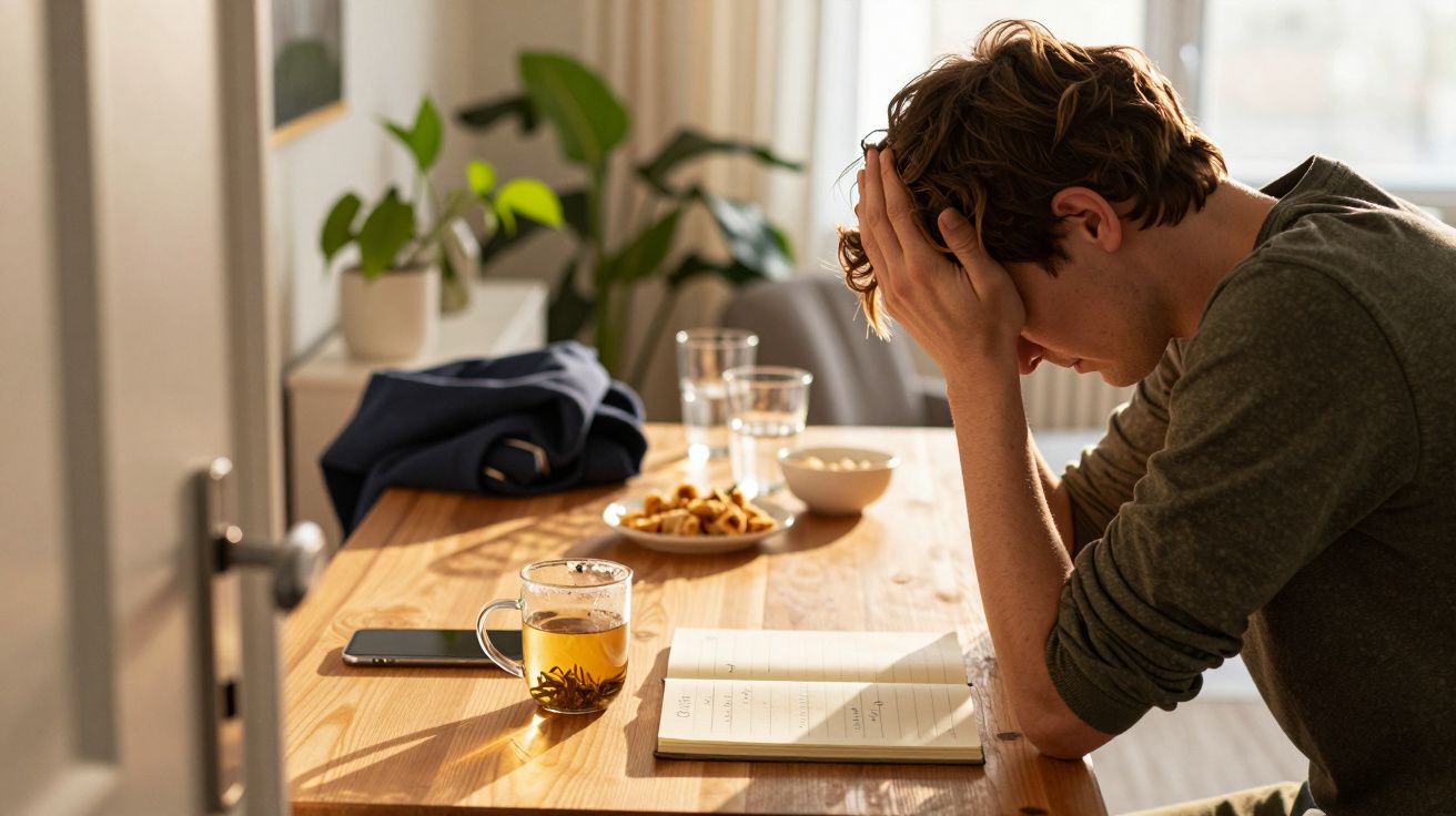 Mann sitzt am Tisch, stützt seinen Kopf in die Hände, mit Notizbuch, Smartphone und Tee.