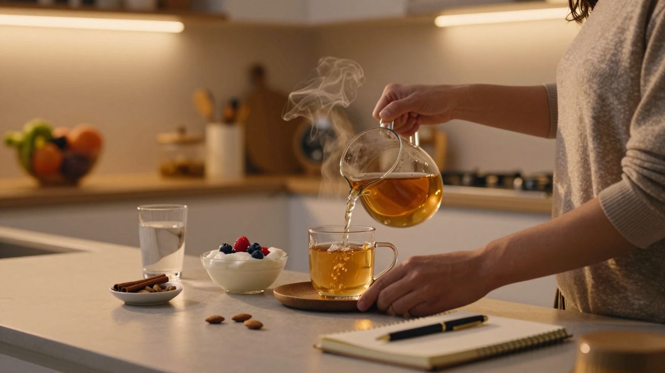 Person gießt Tee in eine Tasse. Auf dem Tisch ein Notizbuch, Nüsse, Joghurt mit Beeren und ein Glas Wasser.
