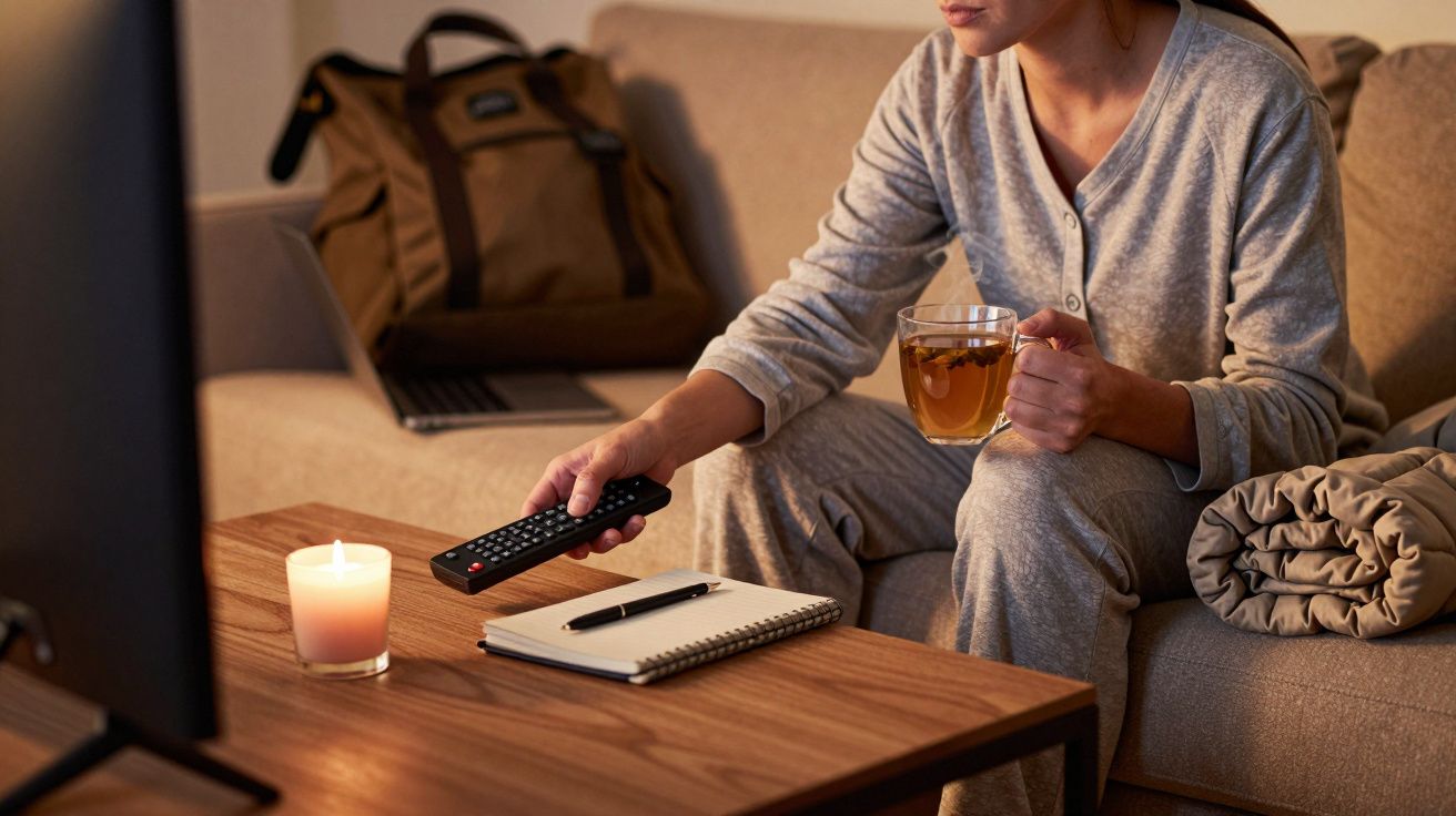 Frau in Pyjama sitzt auf Sofa, hält Tasse Tee, nutzt Fernbedienung, Notizbuch und Kerze auf Couchtisch.