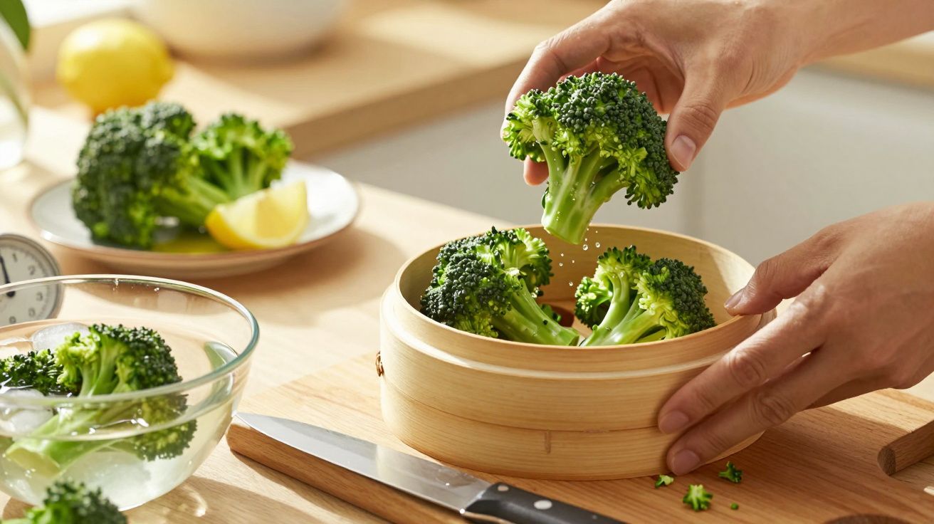 Hände legen Brokkoli in Bambusdampfer auf Holztisch, daneben Messer und Zitronenscheibe.