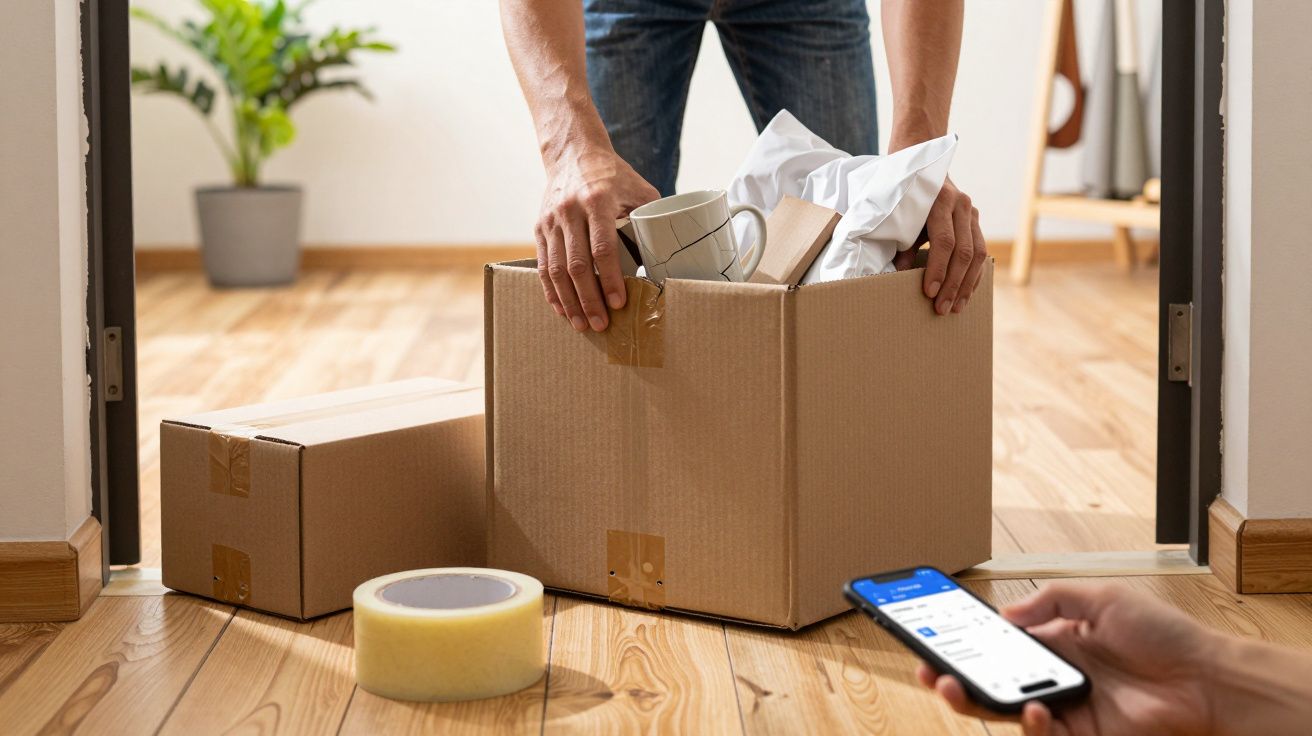 Person packt Geschirr in einen Karton, hält ein Smartphone; daneben steht ein weiterer Karton und Klebeband auf Holzboden.