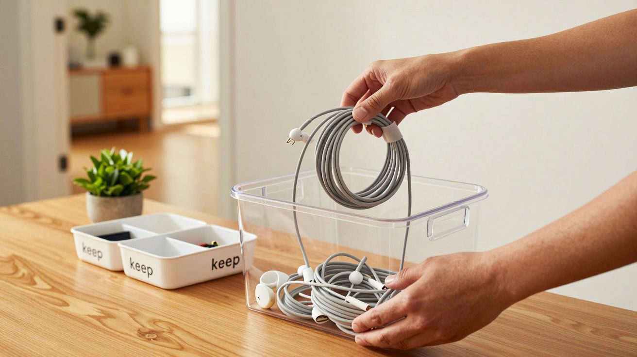 Person organisiert Kabel in einer transparenten Box auf einem Holztisch, daneben kleine Behälter und eine Pflanze.