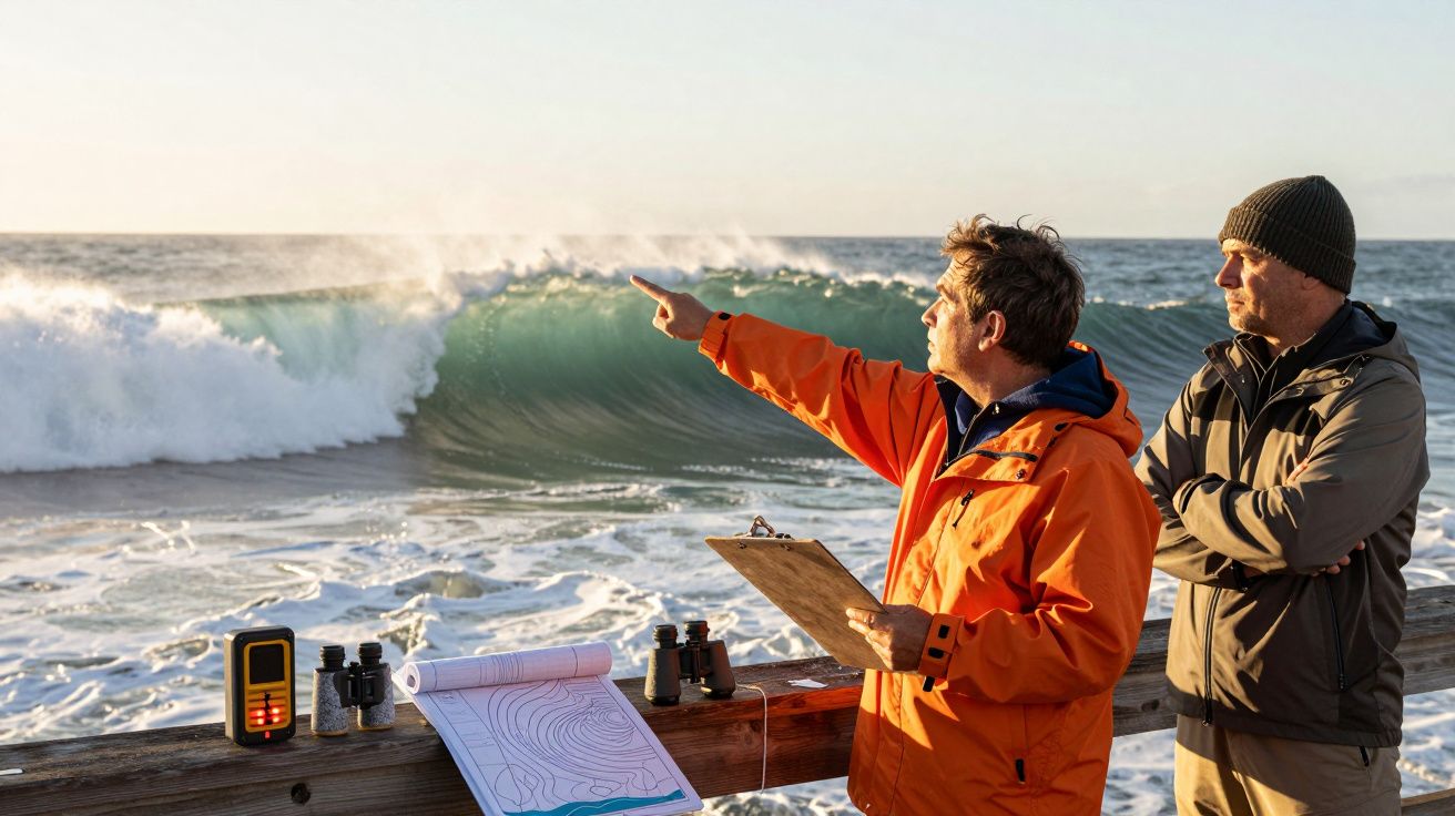 Zwei Männer beobachten eine große Welle am Meer, einer zeigt darauf, mit Karten, Fernglas und Messgerät auf einem Geländer.